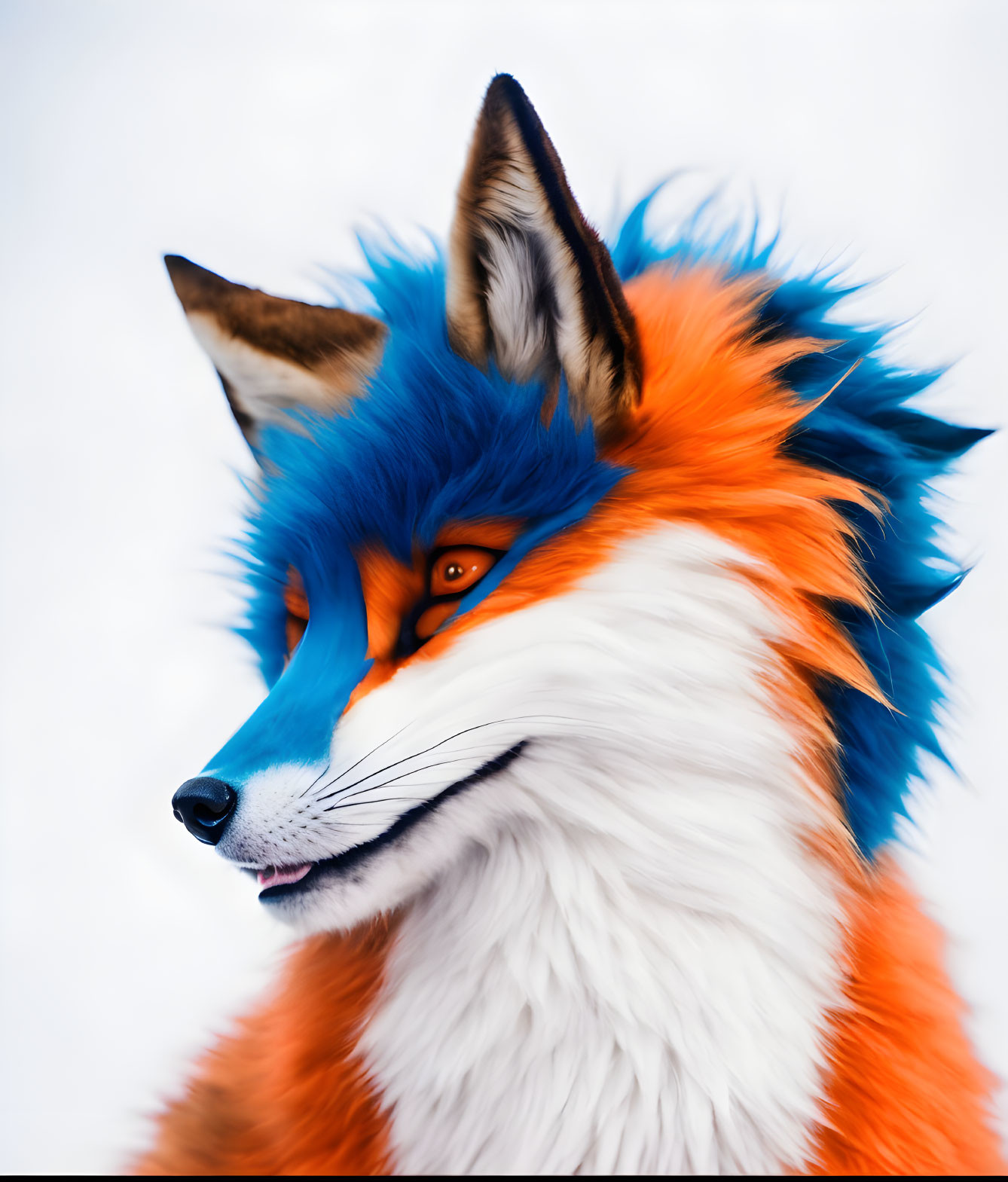 Colorful anthropomorphic fox with blue and orange fur and intense orange eyes.