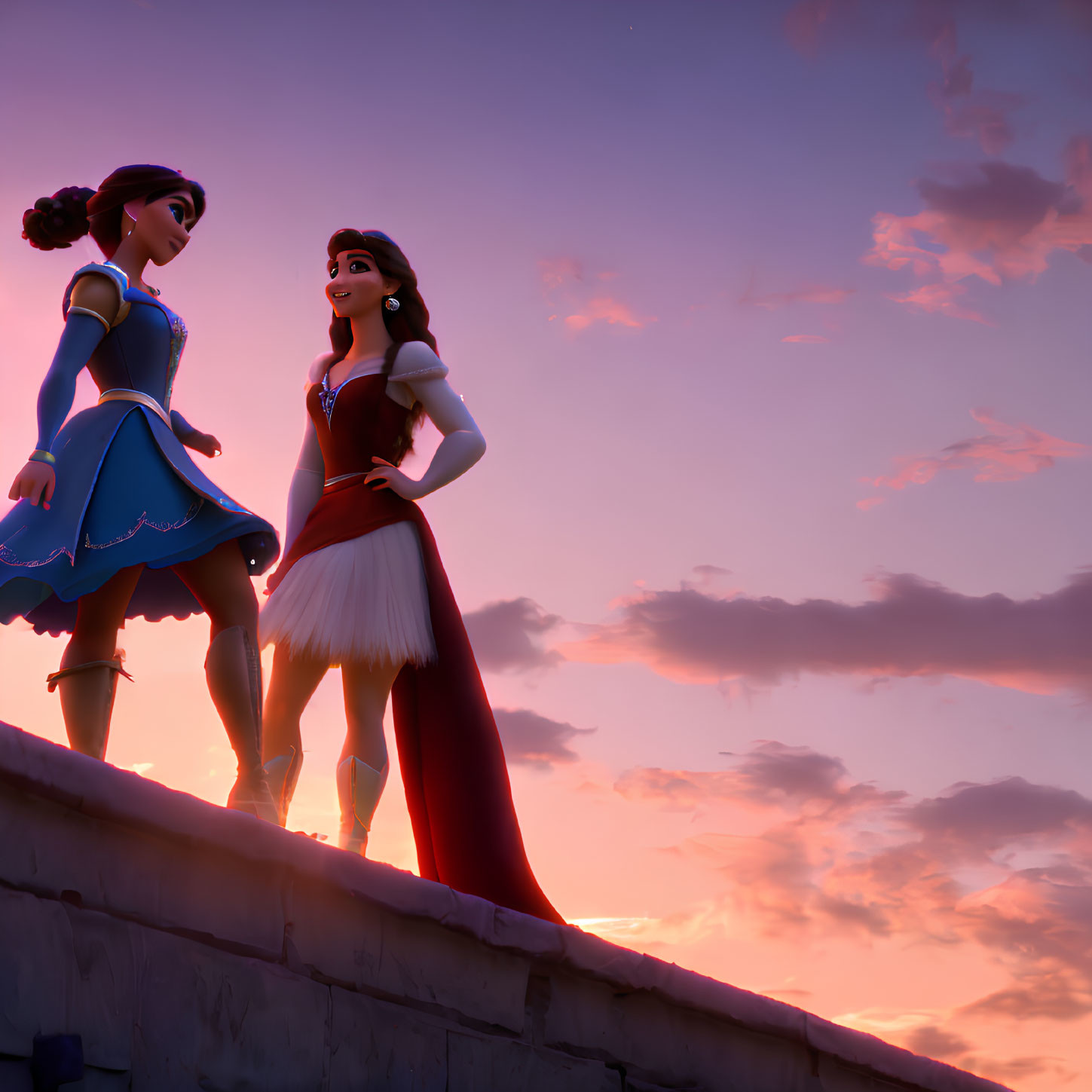 Animated female characters on bridge at sunset in vibrant sky