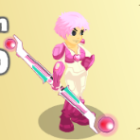 Digital illustration of female character in pink hair, futuristic white armor, wielding glowing spear