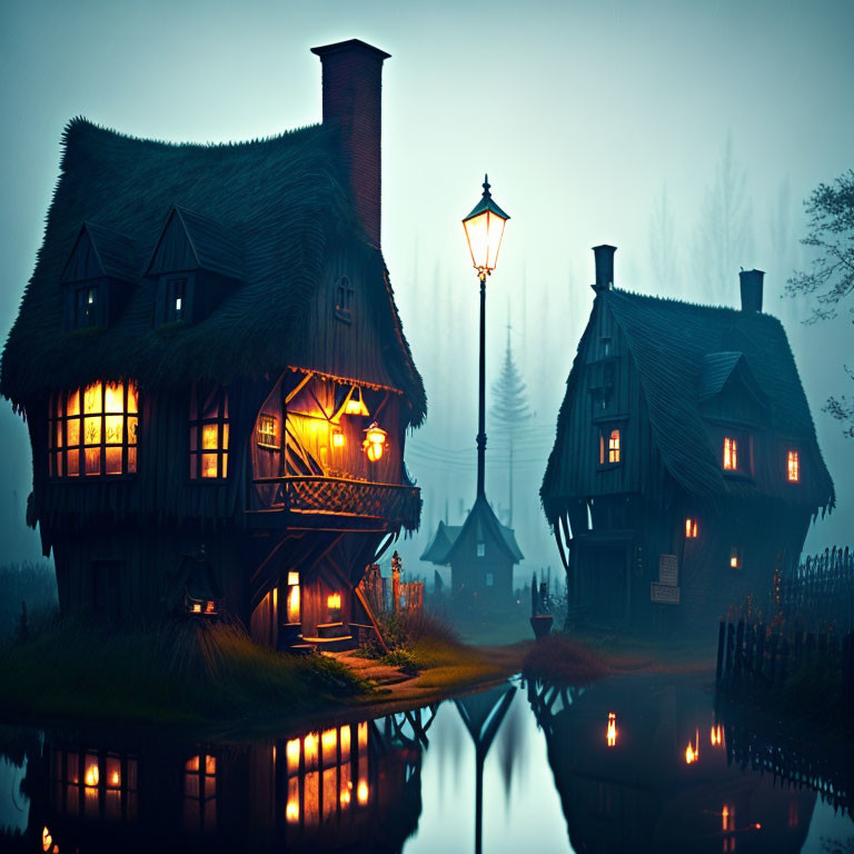 Mystical foggy scene with illuminated houses and glowing street lamp