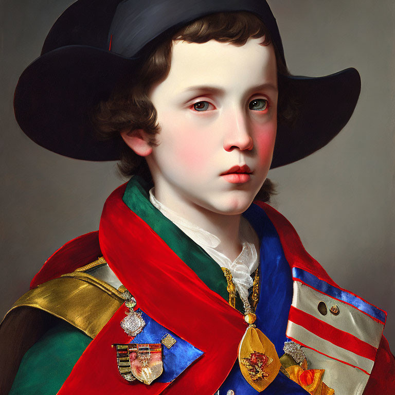 Portrait of young boy with curly hair, black hat, military jacket, and red cape