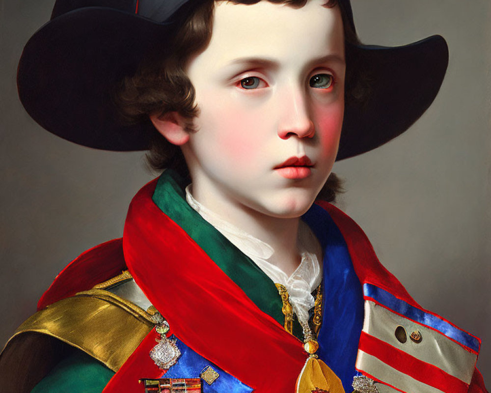 Portrait of young boy with curly hair, black hat, military jacket, and red cape