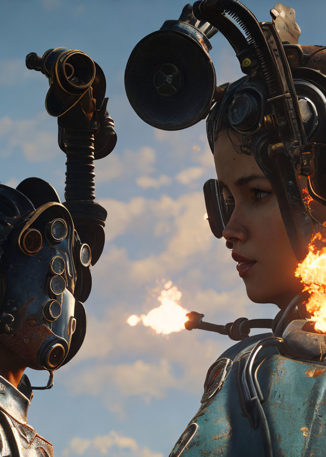 Intricate headgear on human-like robot looking at woman with burning shoulder pad