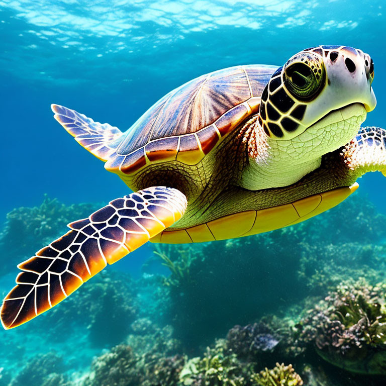 Colorful sea turtle swimming in blue waters above coral reef with sunlight filtering through