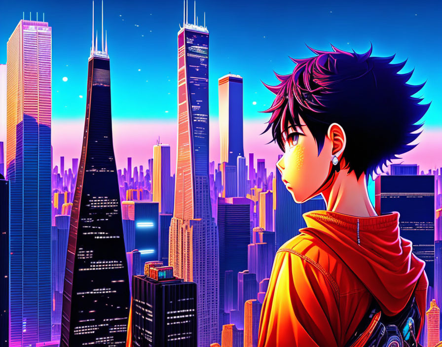 Stylized anime character with black hair and red jacket in neon-lit cityscape at twilight