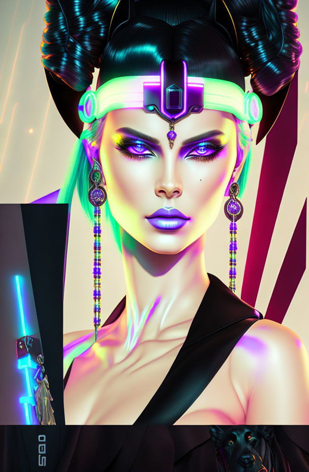 Colorful Cyberpunk Style Woman Illustration with Neon Accents