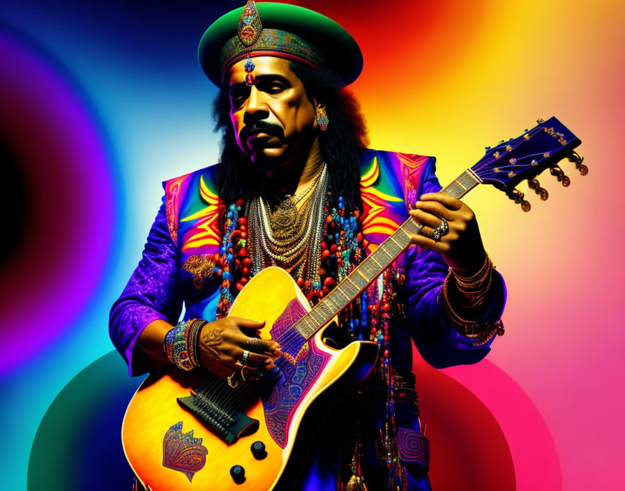 Colorful Psychedelic Attire with Electric Guitar on Rainbow Background