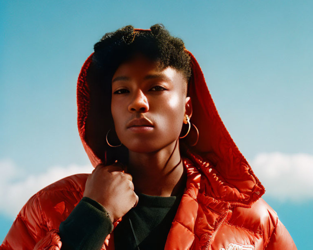 Young person in red puffer jacket under blue sky confidently gazes at camera