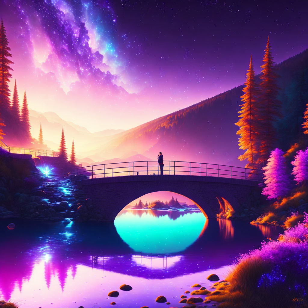 Colorful illustration of person on bridge over reflective river under starry purple sky, surrounded by glowing foliage