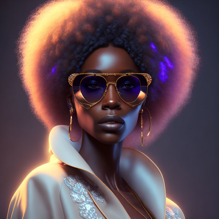 Digital portrait of woman with purple highlighted afro, gold-framed sunglasses, and elegant earrings on dark