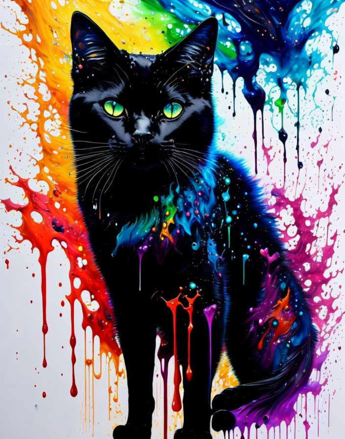 Striking Green-Eyed Black Cat on Melting Rainbow Background