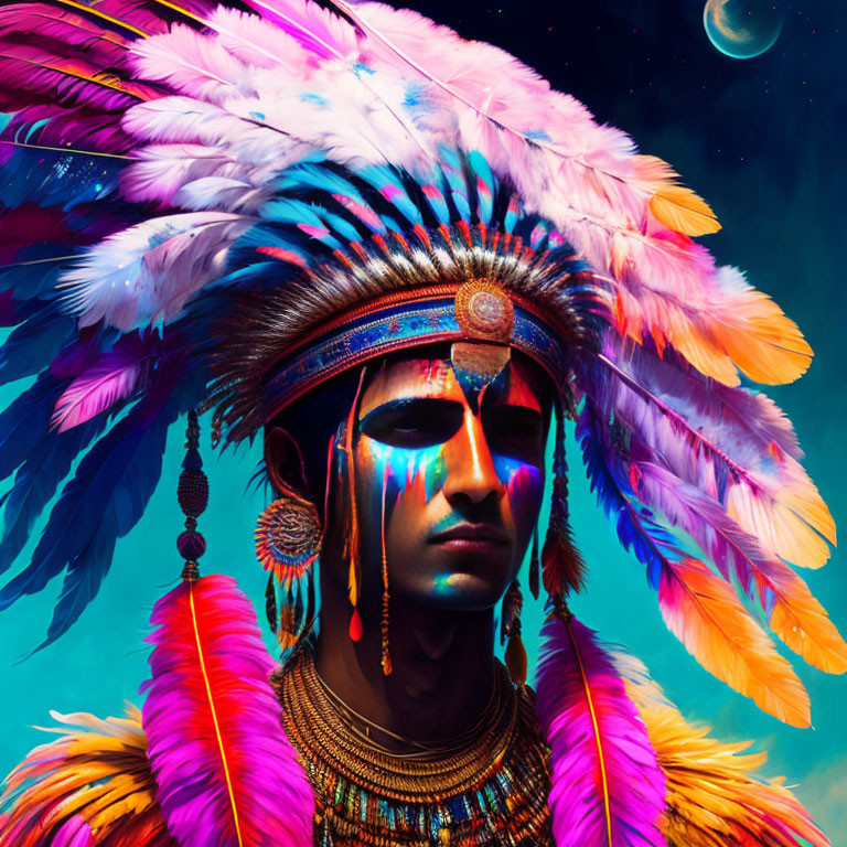 Vibrant Native American headdress against starry sky and crescent moon