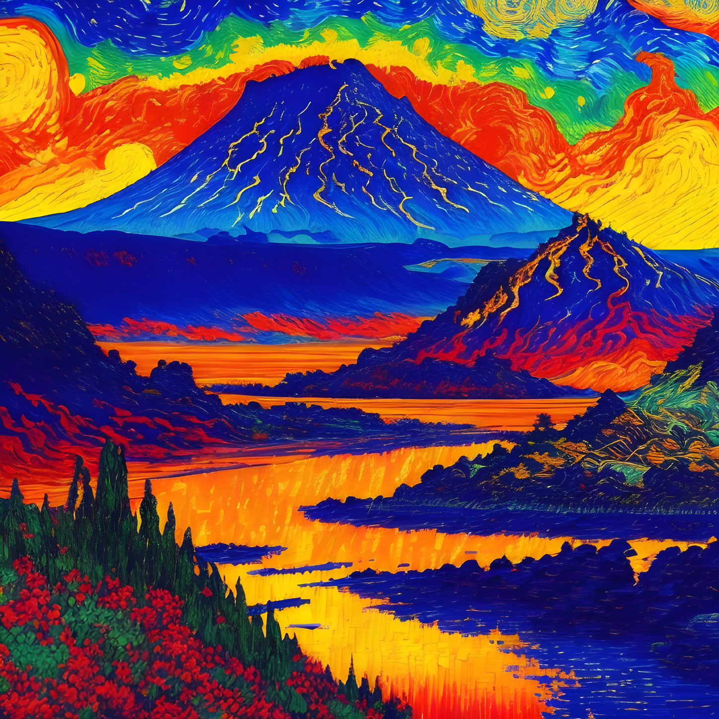 Colorful Mountain Landscape Painting with Swirling Sky and Fiery River Reflection