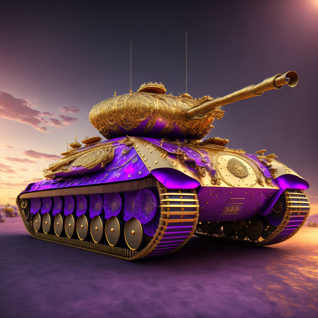 Stylized golden tank with purple accents on purple sky