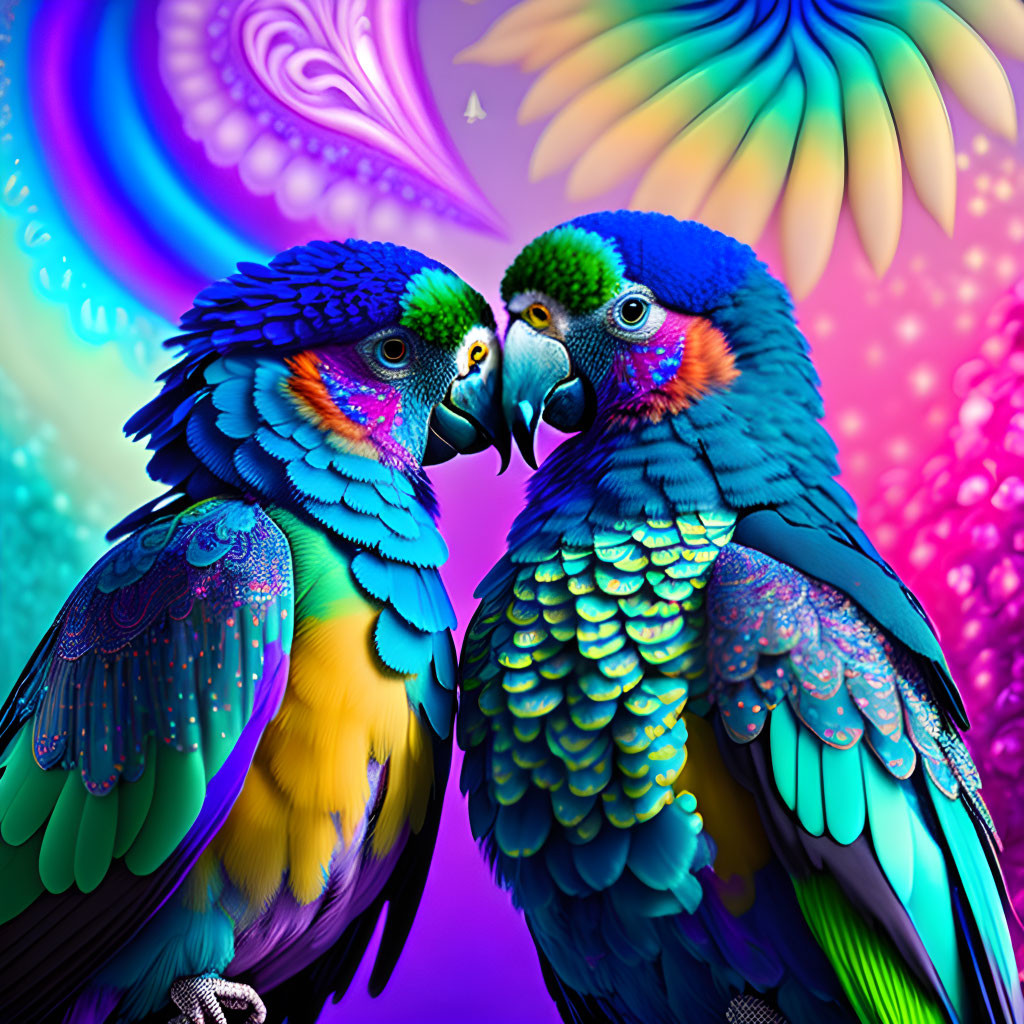 Colorful Parrots on Psychedelic Fractal Background