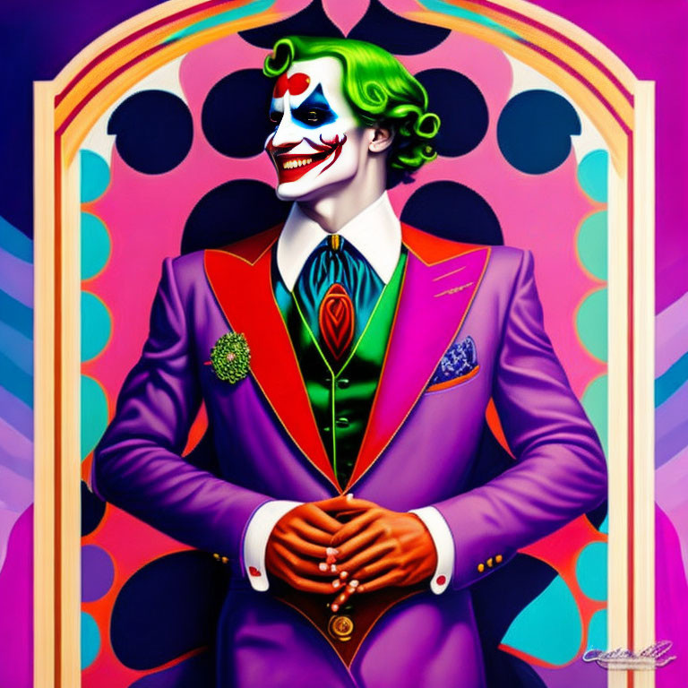 Vibrant Joker character illustration in purple suit and clown makeup