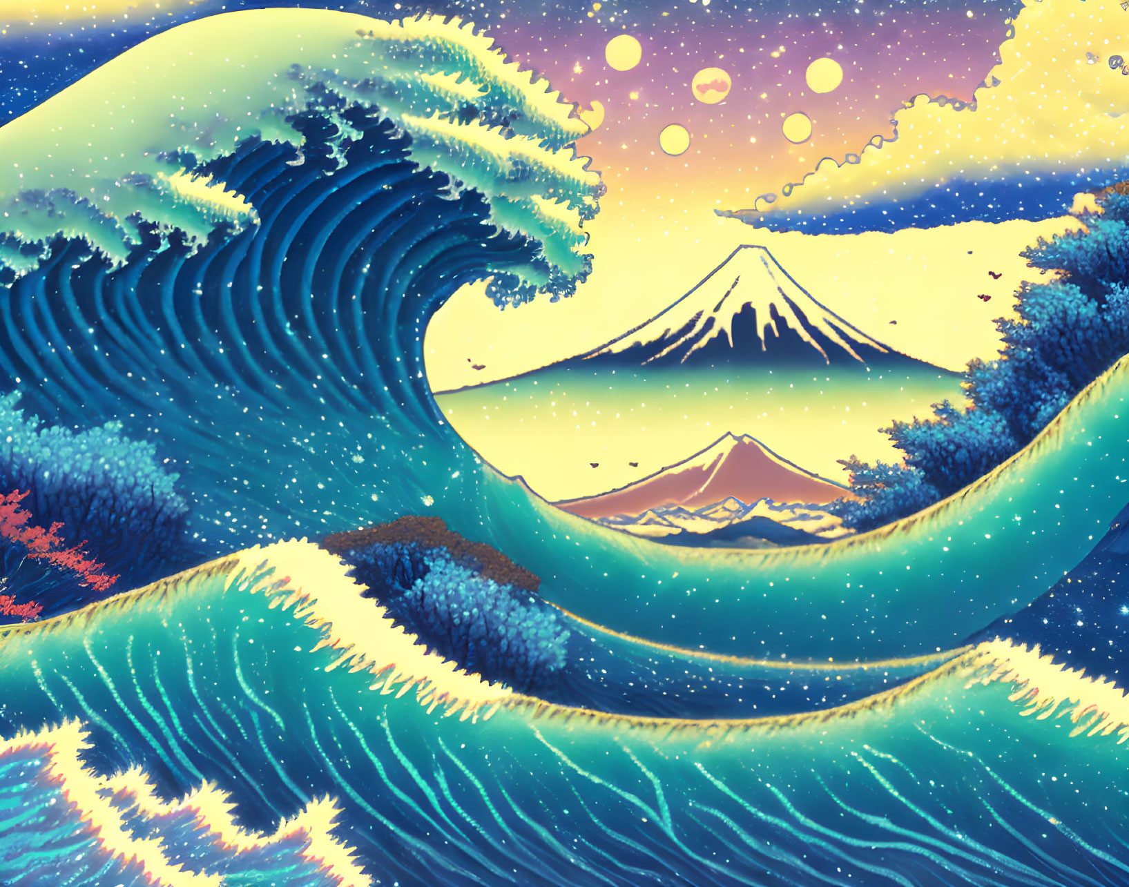 Digital art: Stylized tsunami wave with Mount Fuji, stars, and orbs.