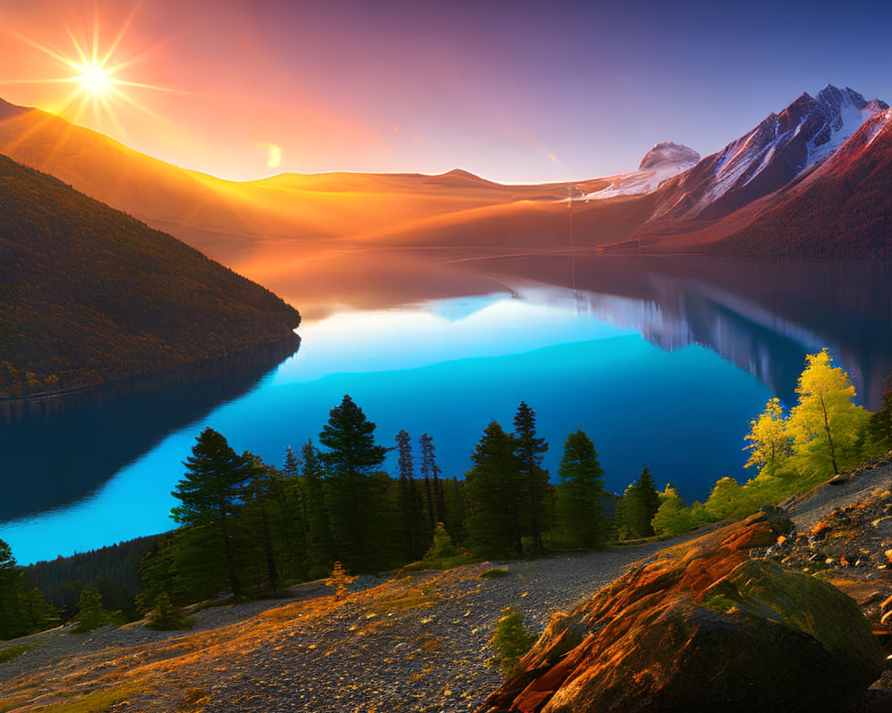 Scenic mountain lake sunset with autumn foliage and starburst sky