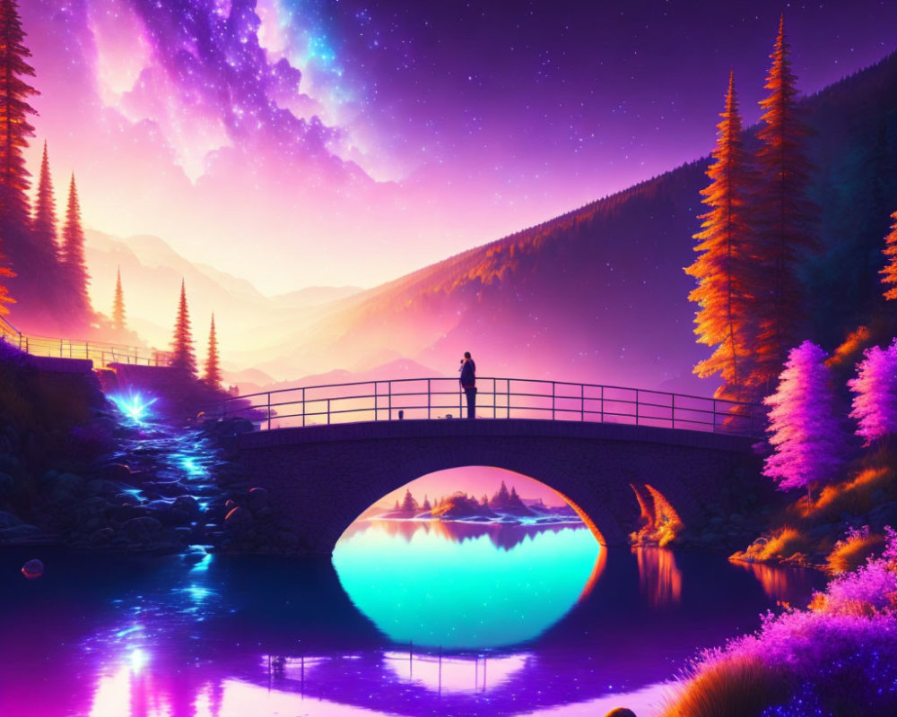 Colorful illustration of person on bridge over reflective river under starry purple sky, surrounded by glowing foliage