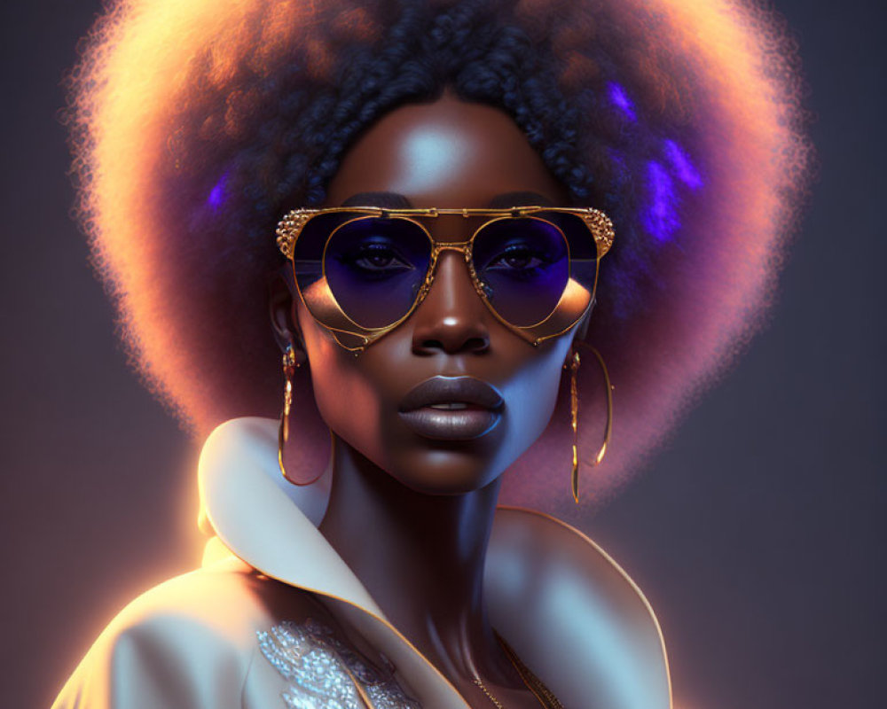 Digital portrait of woman with purple highlighted afro, gold-framed sunglasses, and elegant earrings on dark