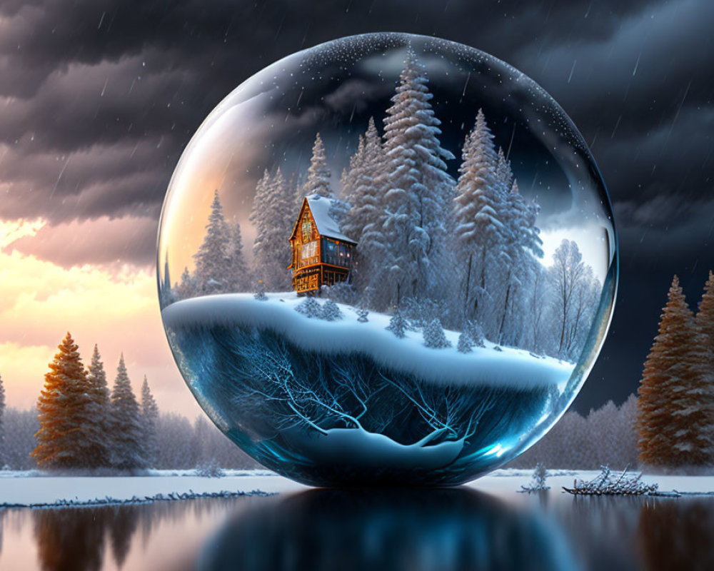 Snow-covered cabin in transparent sphere with winter forest backdrop and sunset reflections on tranquil lake