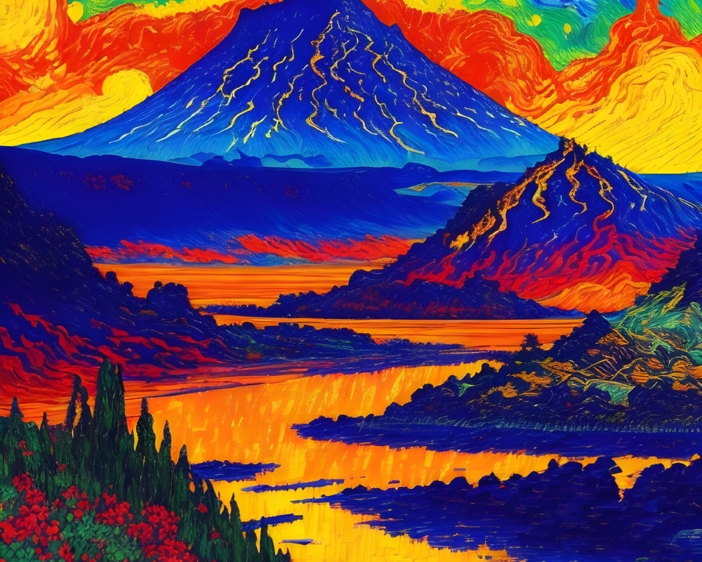 Colorful Mountain Landscape Painting with Swirling Sky and Fiery River Reflection