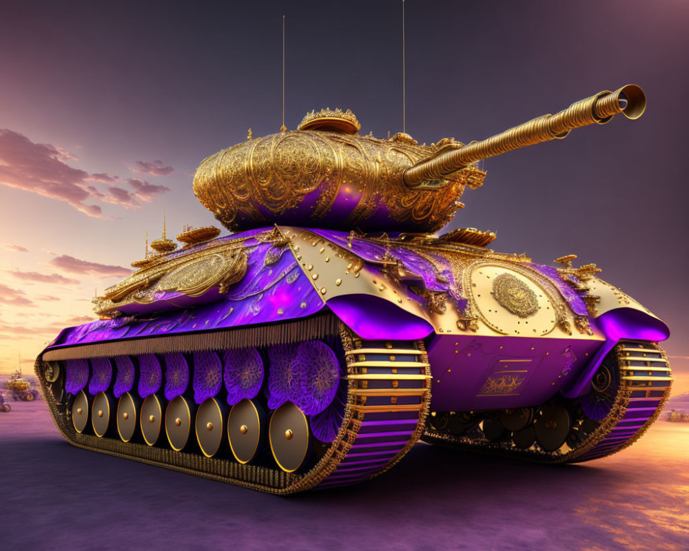 Stylized golden tank with purple accents on purple sky