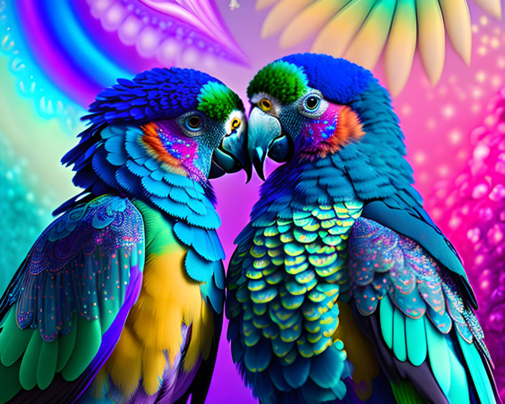 Colorful Parrots on Psychedelic Fractal Background