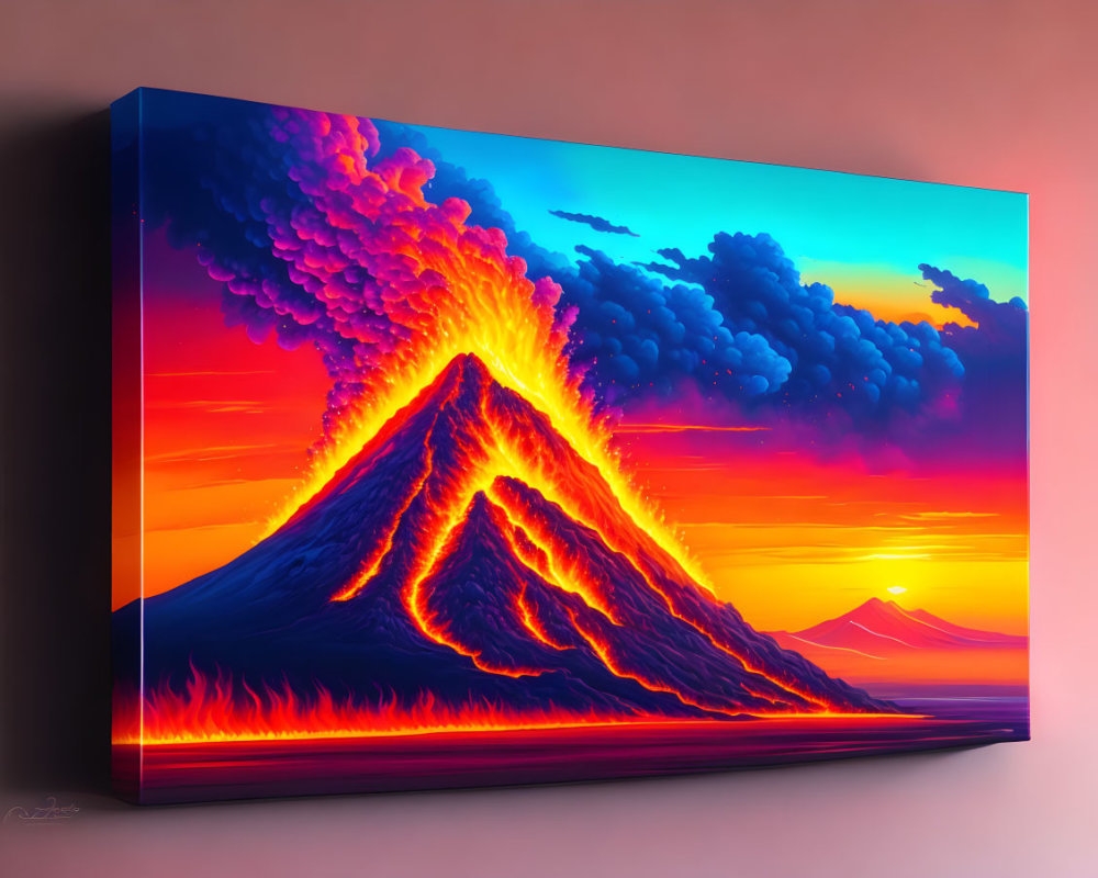 Erupting volcano digital painting on canvas against sunset sky