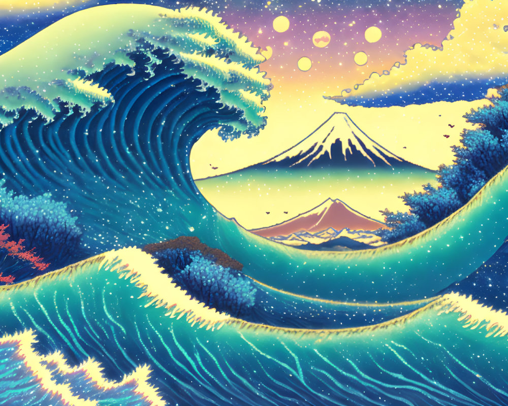 Digital art: Stylized tsunami wave with Mount Fuji, stars, and orbs.