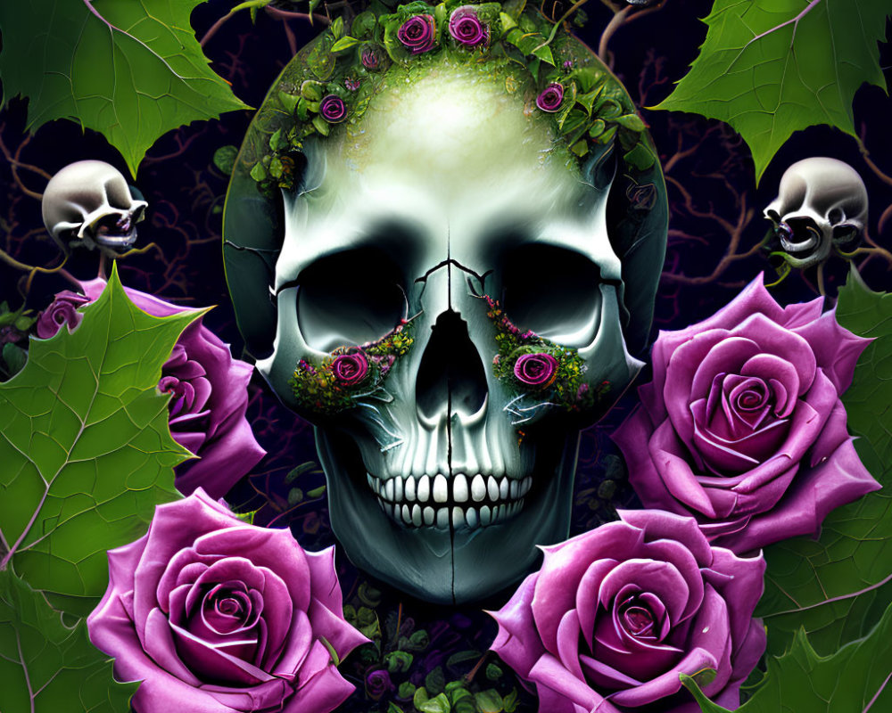 Skull with roses and smaller skulls on dark background