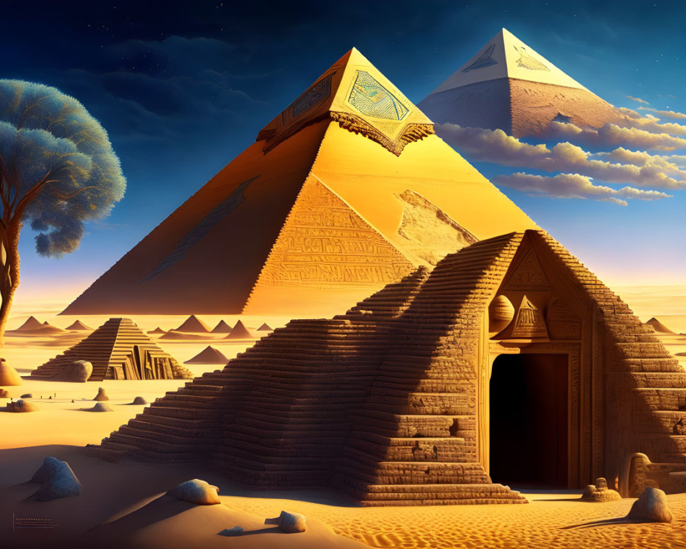 Artwork of Egyptian pyramids in desert twilight with detailed shadows and highlights