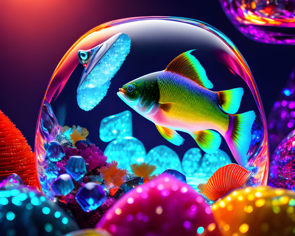 Neon-colored fish in transparent bubble surrounded by coral.