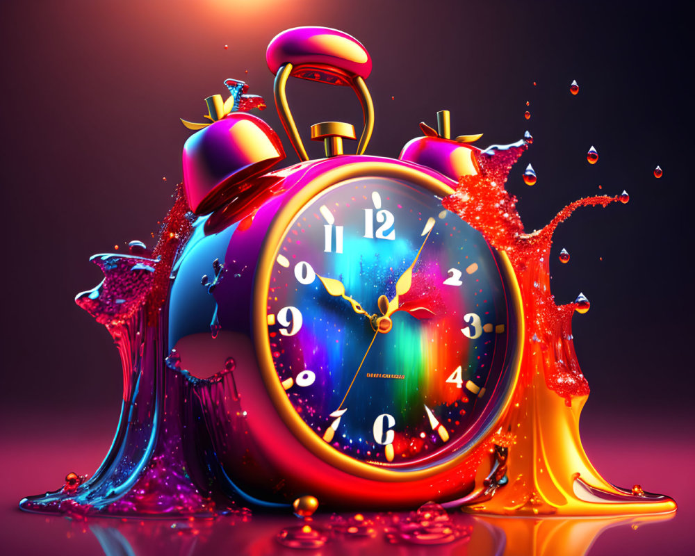 Colorful Melting Alarm Clock with Cosmic Theme on Gradient Background