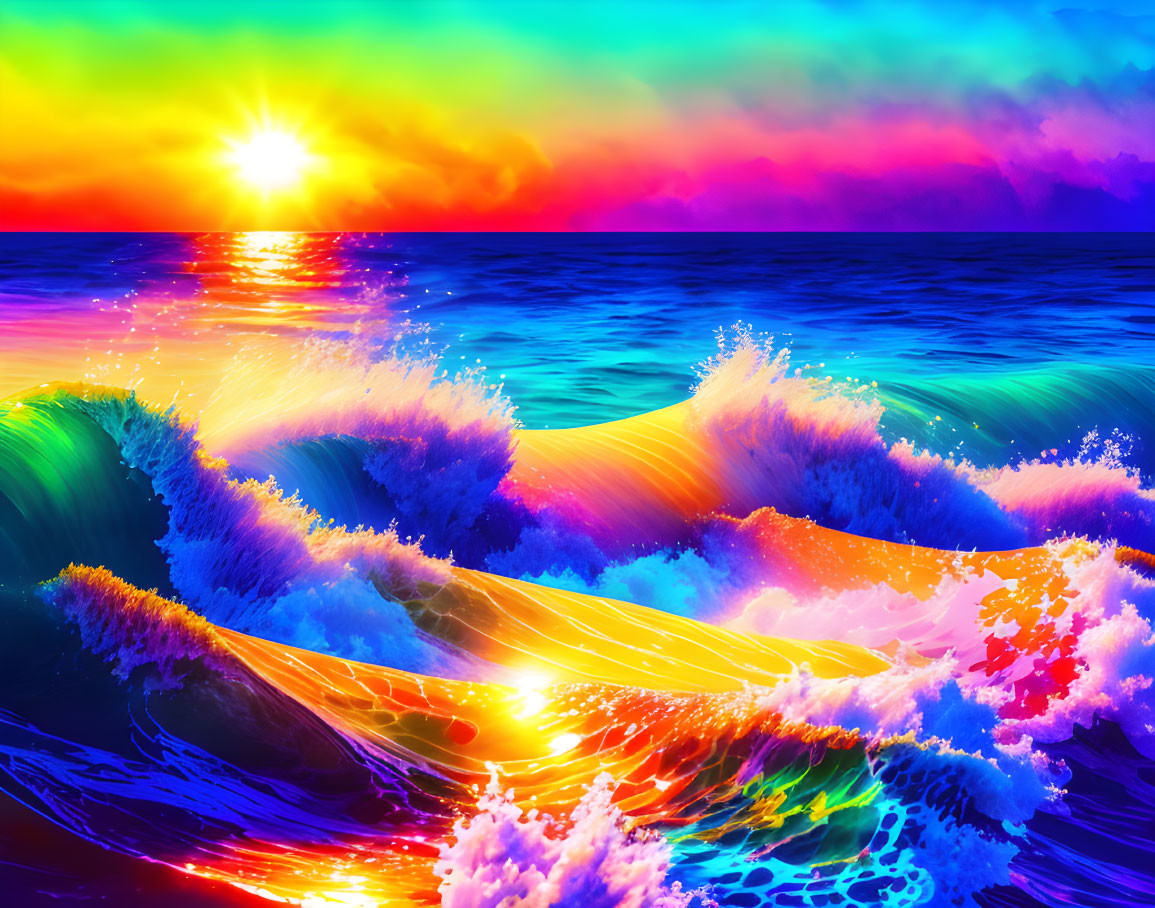 Colorful Ocean Waves at Sunset with Splashing Water and Light Reflections