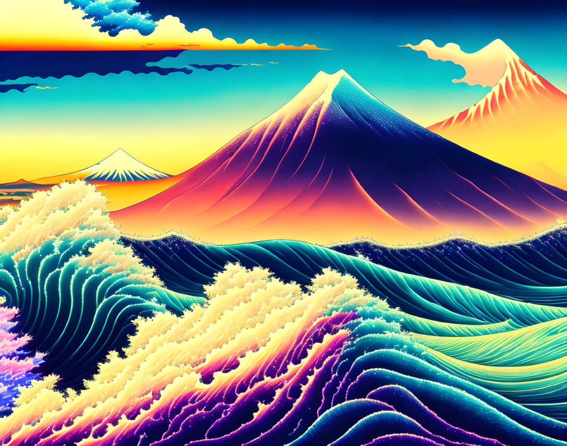 Colorful stylized mountain landscape with wave patterns under a cloudy sky