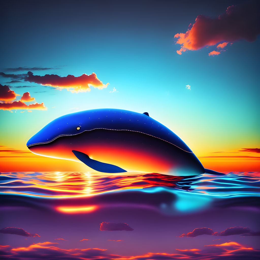 Whale leaping from colorful ocean with starry night sky texture