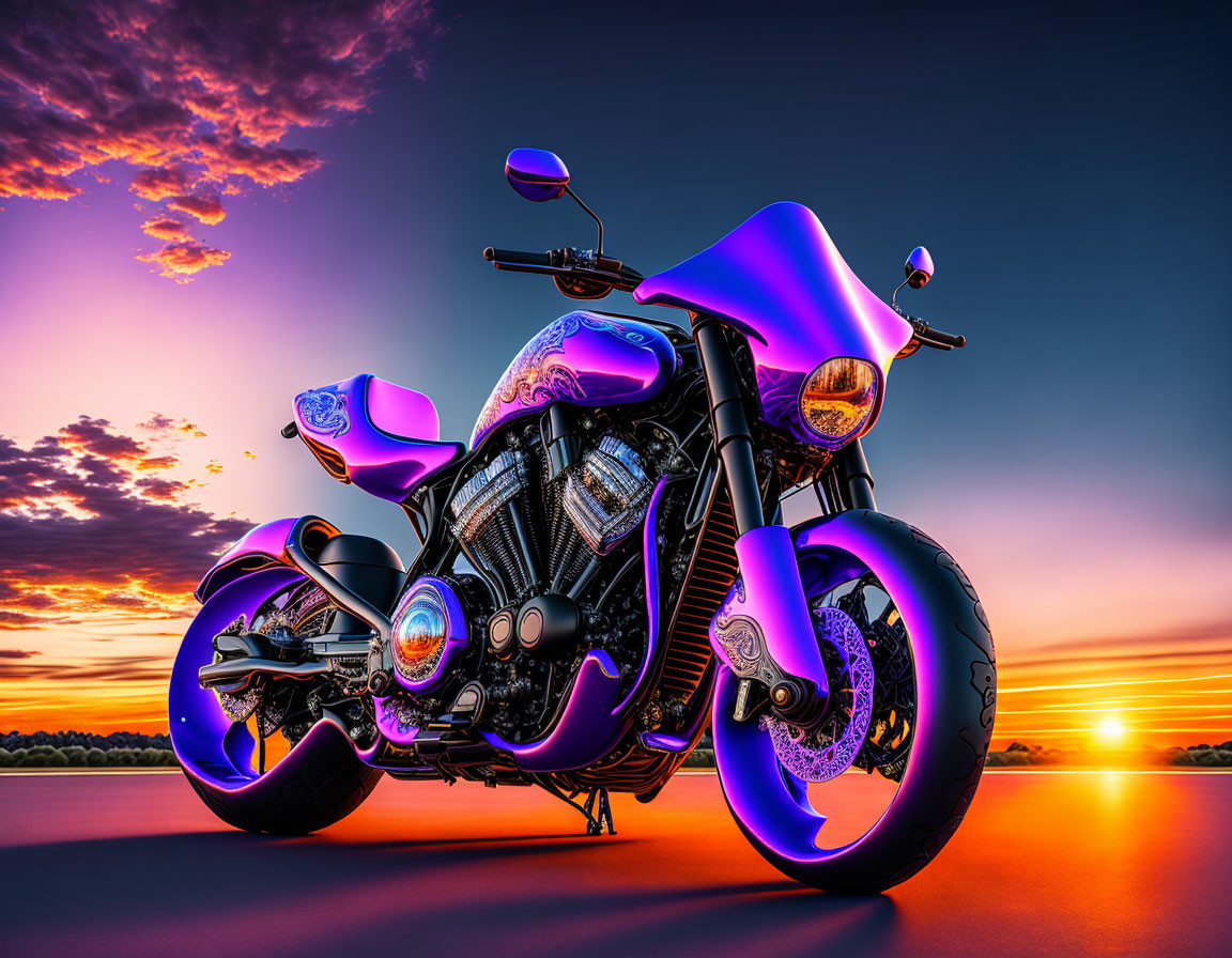 Purple Motorcycle Against Sunset Sky with Orange and Pink Reflections