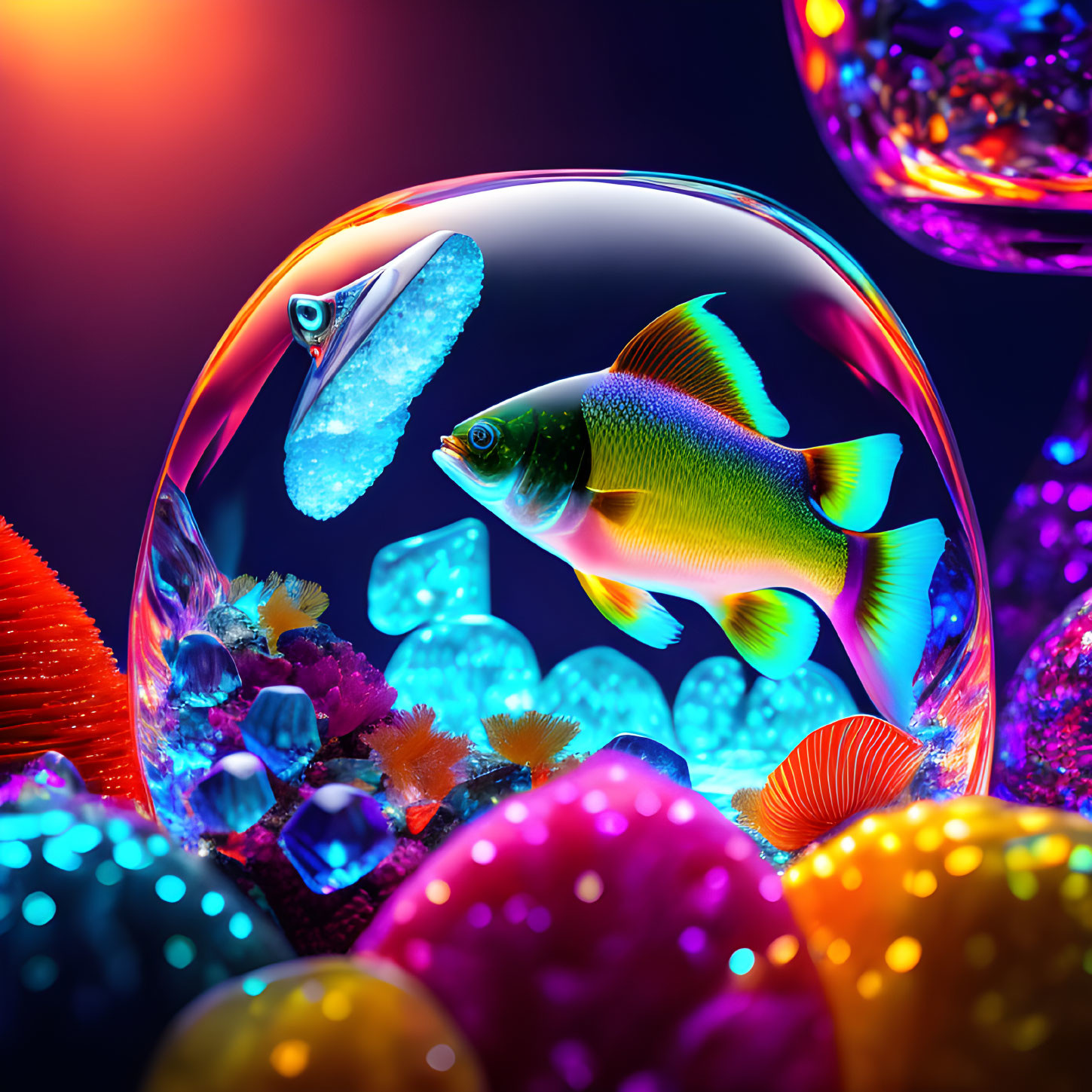 Neon-colored fish in transparent bubble surrounded by coral.