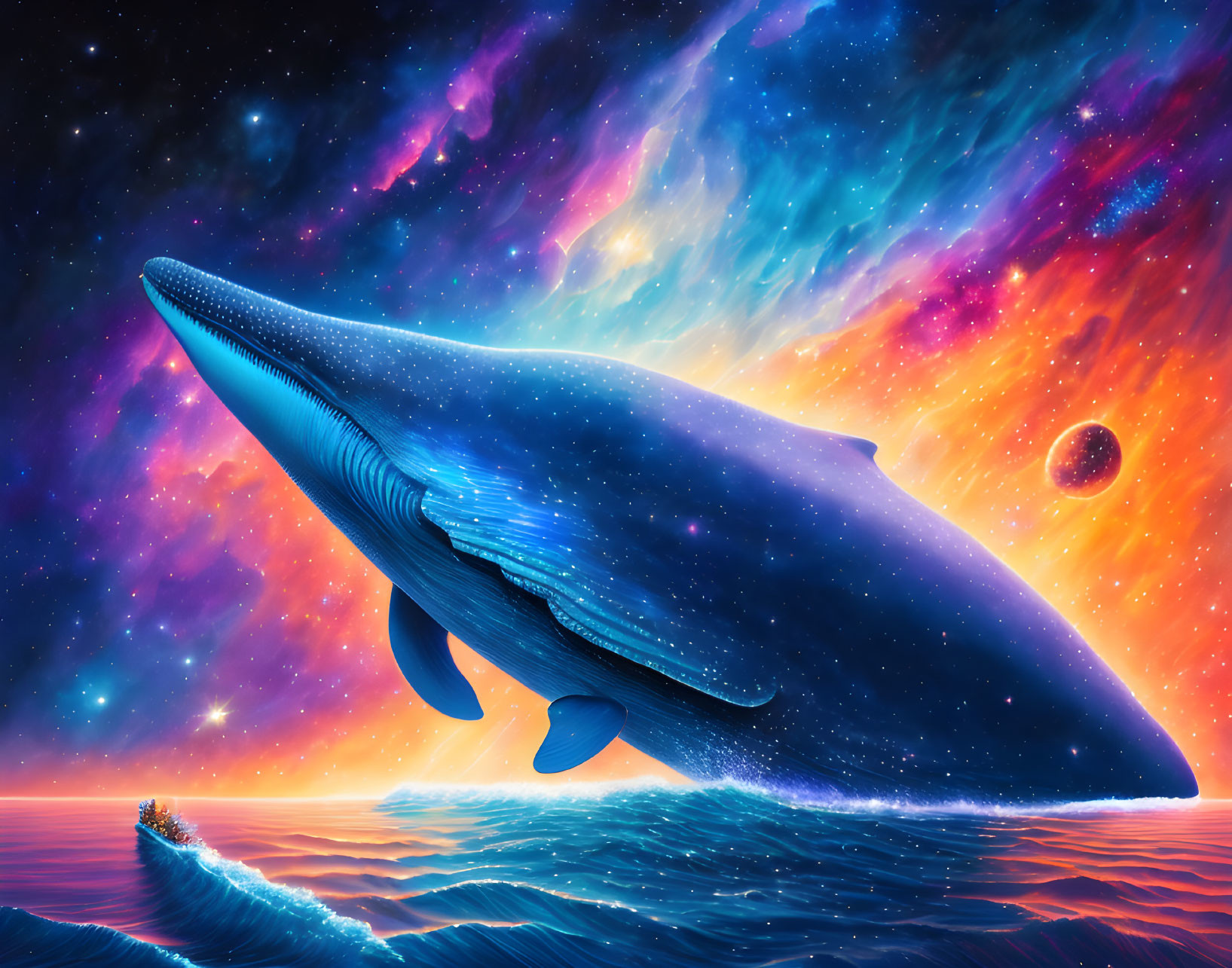 Large whale floating above ocean under vibrant nebula sky with distant planet and stars