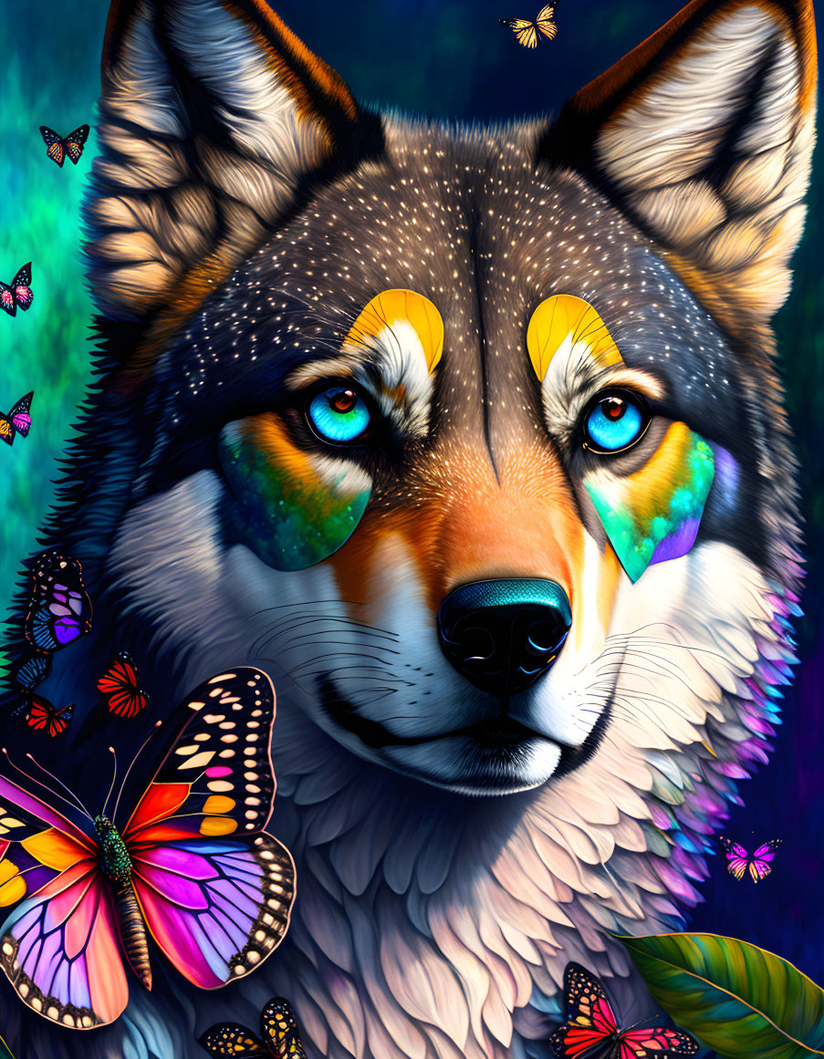 Colorful digital artwork: Wolf's face with blue eyes and butterflies