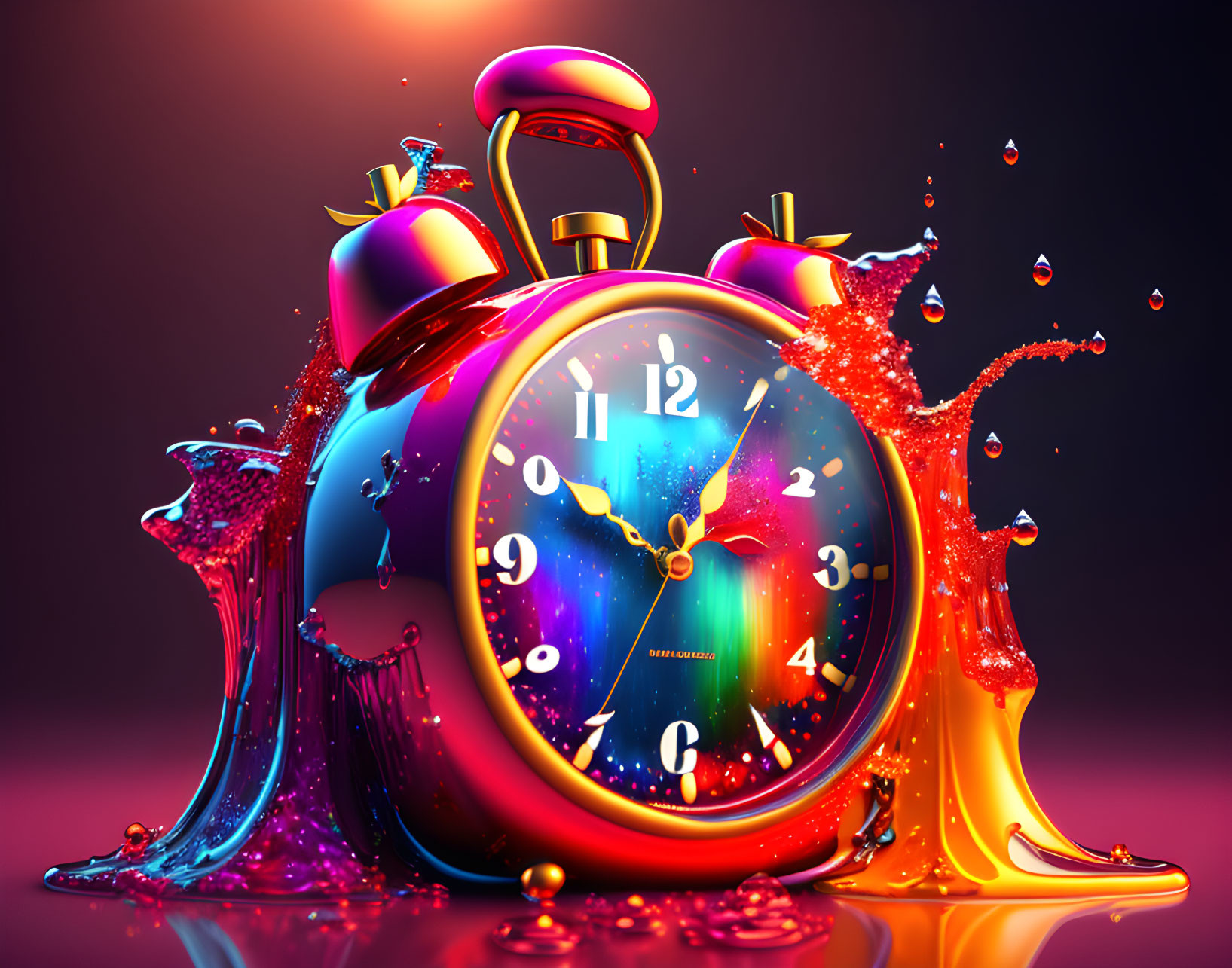 Colorful Melting Alarm Clock with Cosmic Theme on Gradient Background