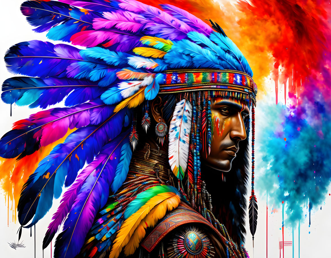 Colorful Native American chief digital art with feather headdress and face paint against ink backdrop