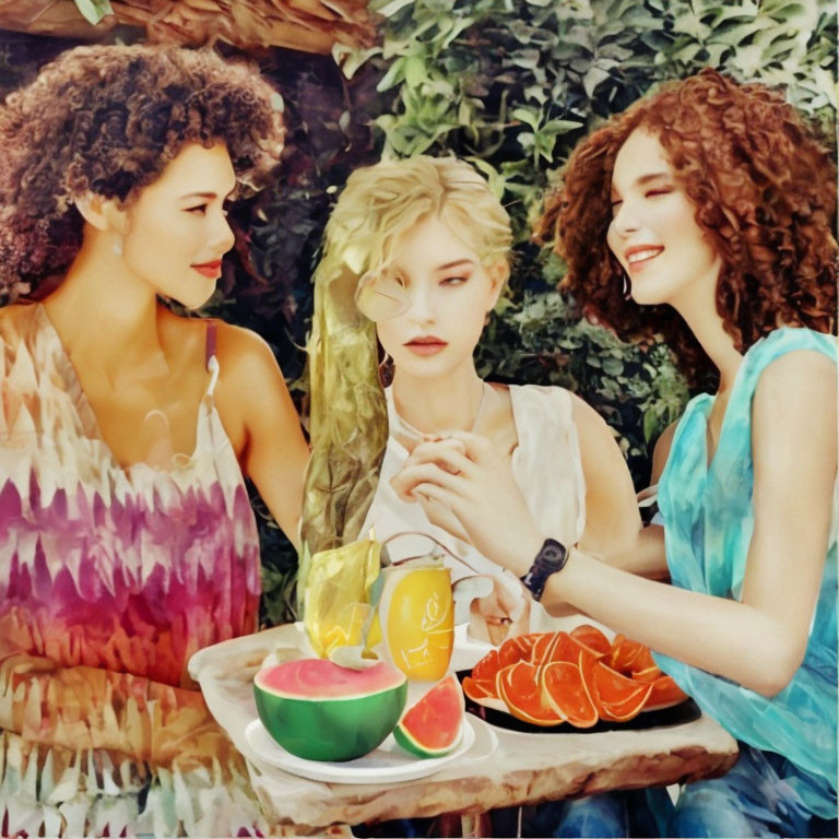 Three Women Smiling with Curly Hair at Table with Sliced Fruits