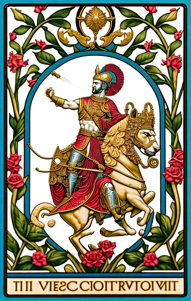 Knight in Red and Gold Armor Tarot Card with Floral Border and Cyrillic Text