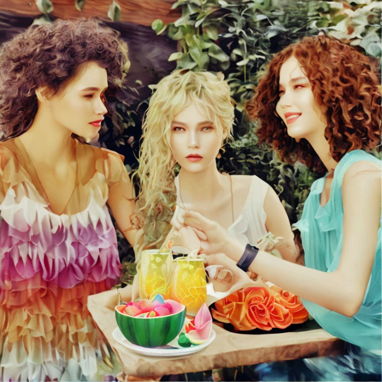 Curly-Haired Women at Colorful Tea Party in Garden Setting