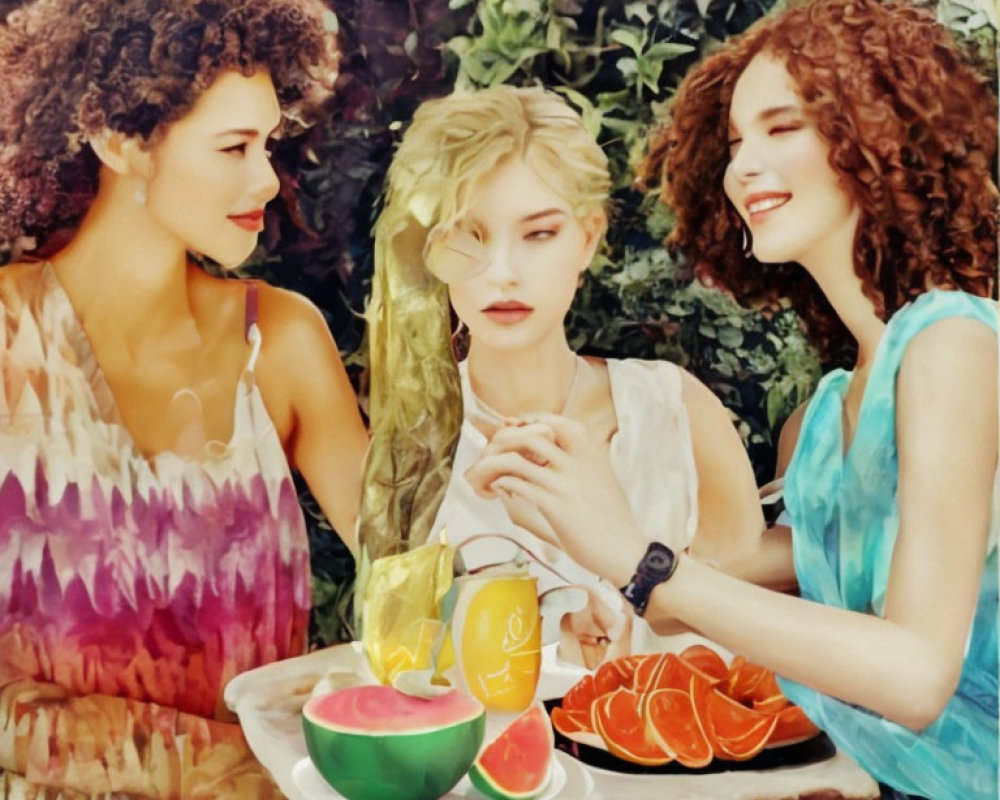 Three Women Smiling with Curly Hair at Table with Sliced Fruits