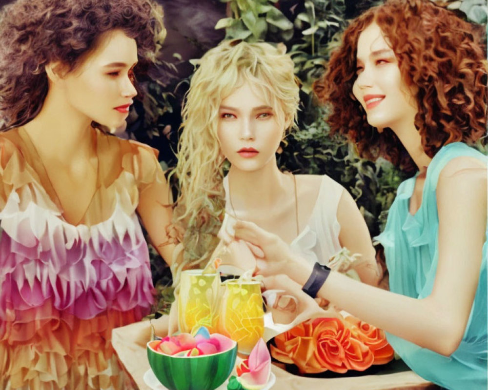 Curly-Haired Women at Colorful Tea Party in Garden Setting