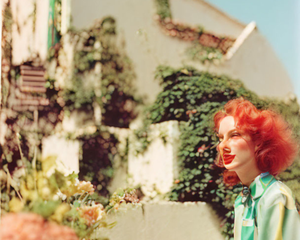 Bright red-haired woman at outdoor table with colorful bowls and vine-covered building