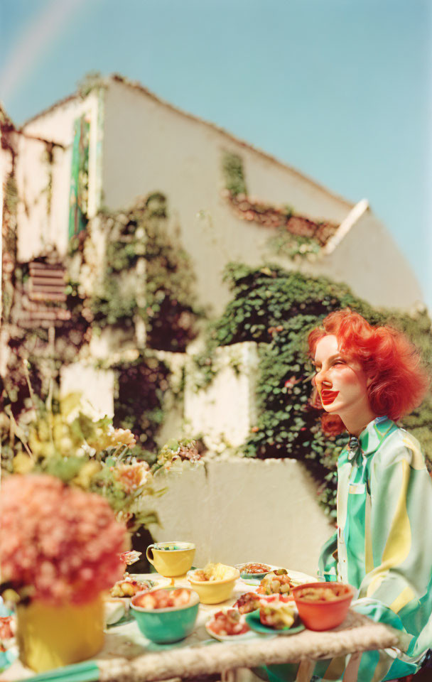 Bright red-haired woman at outdoor table with colorful bowls and vine-covered building